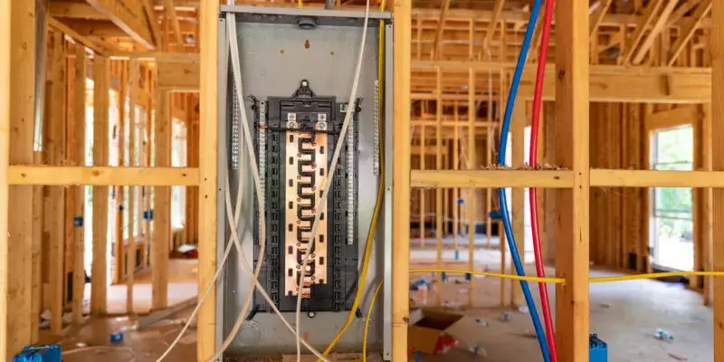 Electrical circuit breaker panel in new home under construction